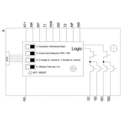 Circuit diagram of a logic module with inputs and outputs. Marked switches for auto-start, error detection, and sensor control.