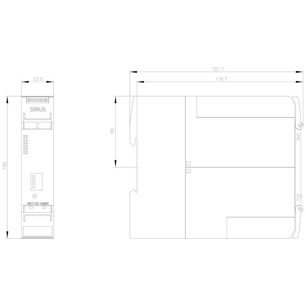 Technical drawing of a device with dimensions: Height 100 mm, Width 22.5 mm, Depth 121.7 mm. Label: SIRIUS, Model Number 3RT2023-1AB05.