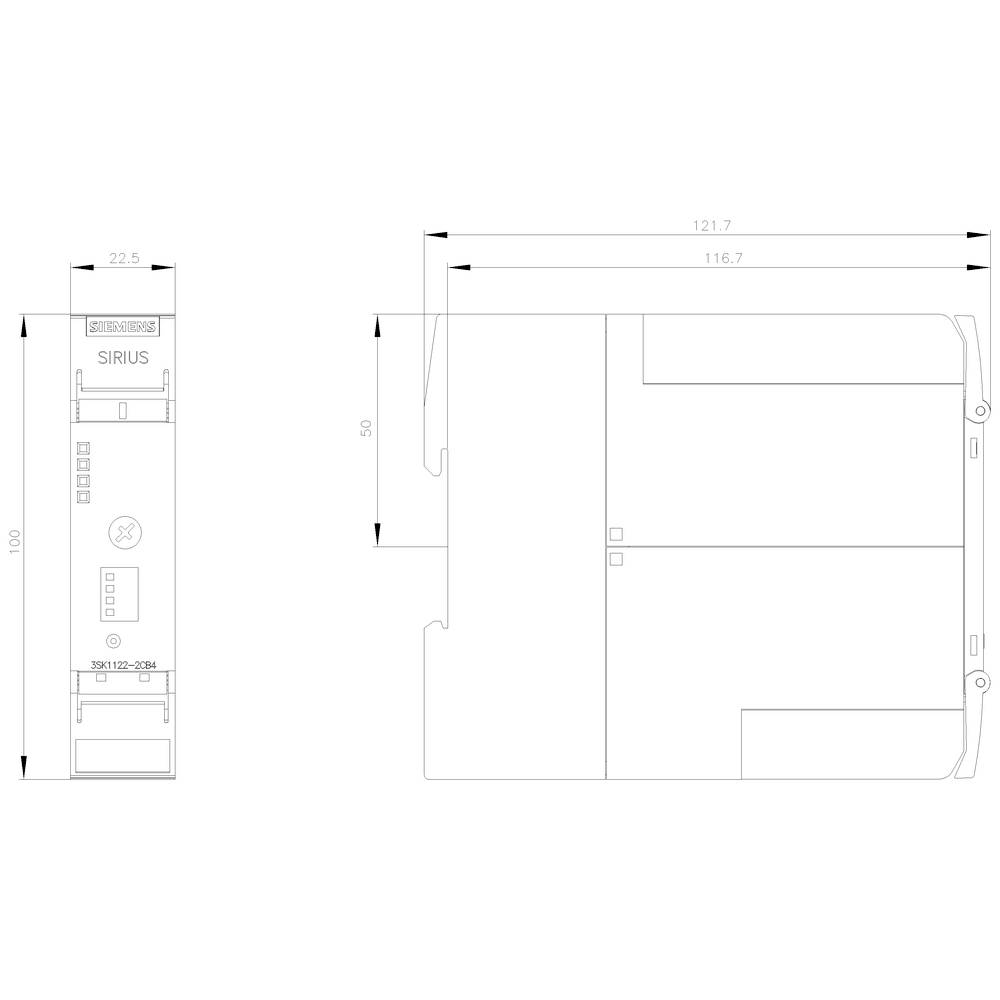 Technical drawing of a device with dimensions: 22.5 mm width, 100 mm height, 116.7 mm depth. Marked with 'SIRIUS'.