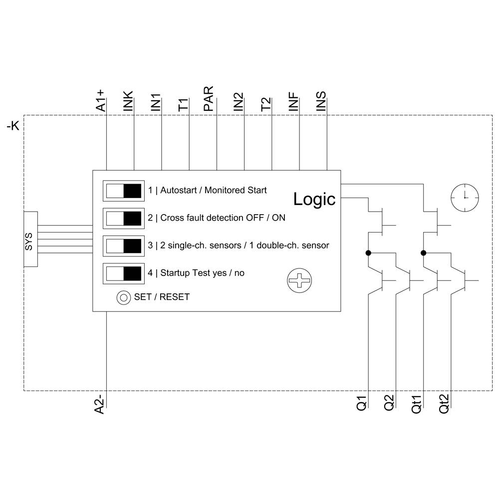 'Diagram of a safety switching device with logical control. Contains four options: Auto-start, Error detection, Sensor options, Start test.'