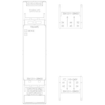 'Siemens SIRIUS Safety Relay 3SK1211-2BW20. Failsafe/Device Indicator. Terminal Assignment: 34, 33, 43, 44, A1, A2, 13, 14.'