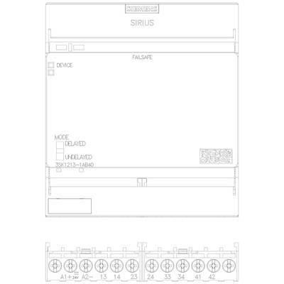 Technical drawing of a Siemens Sirius device. Shows front view with technical specifications, device type, and connection ports at the bottom.
