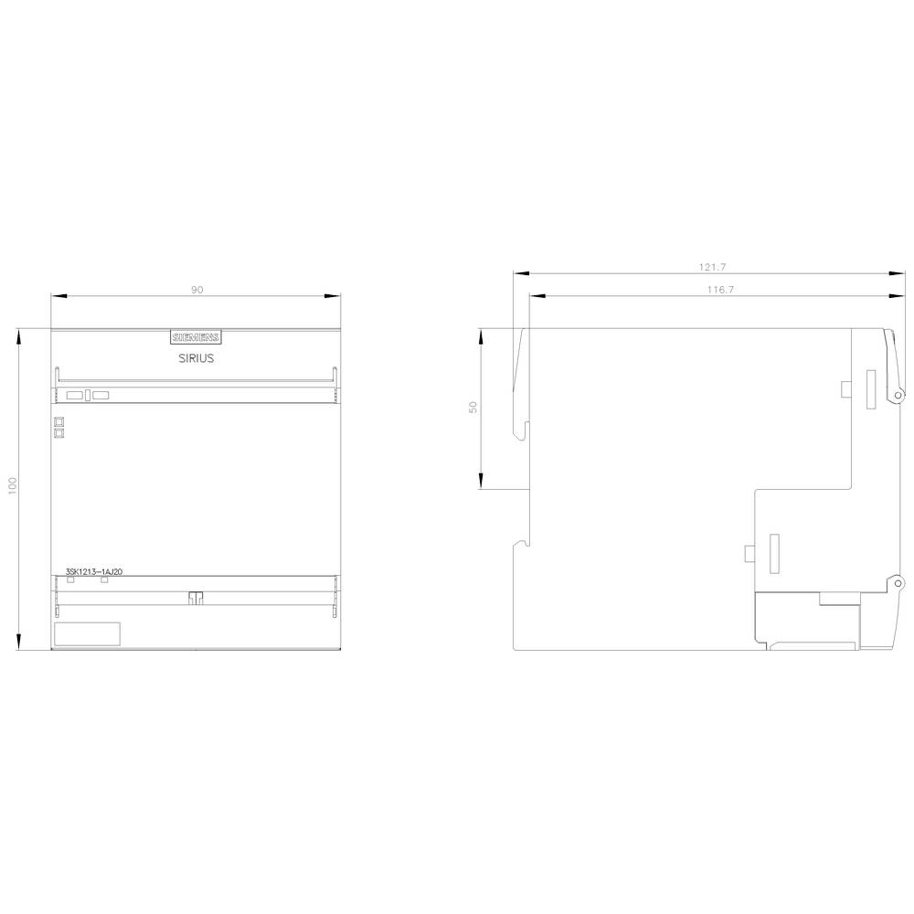 Technical drawing of a rectangular device with dimensions in millimetres. Front and side views are shown.