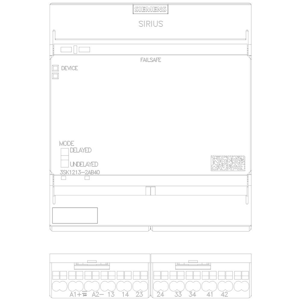 Technical drawing of an electrical switching device titled 'SIRIUS'. Shows connection diagrams and mode settings for delayed and instantaneous operation.