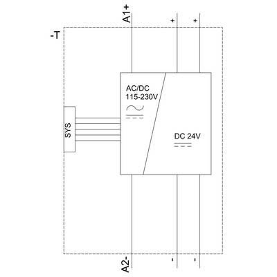 'Circuit diagram of an AC/DC converter: Input voltage 115-230V AC/DC, output 24V DC, showing system and control line connections.'