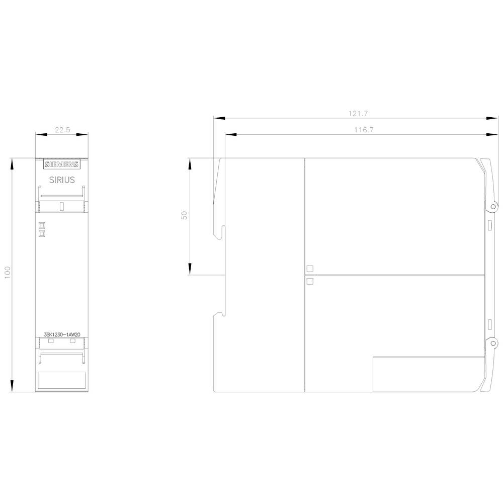 Electrical Switchboard Drawing: Shows dimensions and placement for 'SIRIUS' component, height 100 mm, width 22.5 mm, depth 121.7 mm.