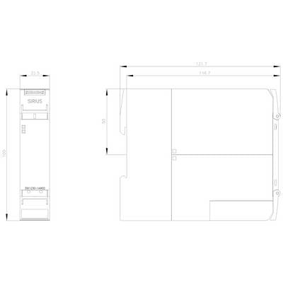Electrical Switchboard Drawing: Shows dimensions and placement for 'SIRIUS' component, height 100 mm, width 22.5 mm, depth 121.7 mm.