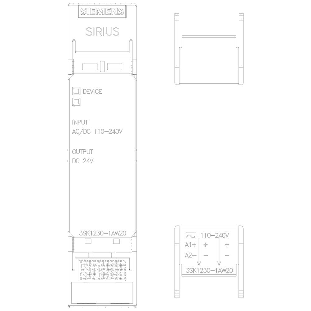 'SIEMENS SIRIUS' switching device diagram with input specification 'AC/DC 110-240V' and output 'DC 24V'. Model number: '3SK1230-1AW20'.