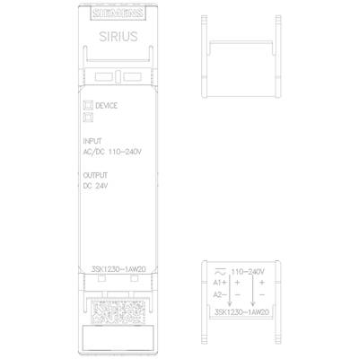 'SIEMENS SIRIUS' switching device diagram with input specification 'AC/DC 110-240V' and output 'DC 24V'. Model number: '3SK1230-1AW20'.
