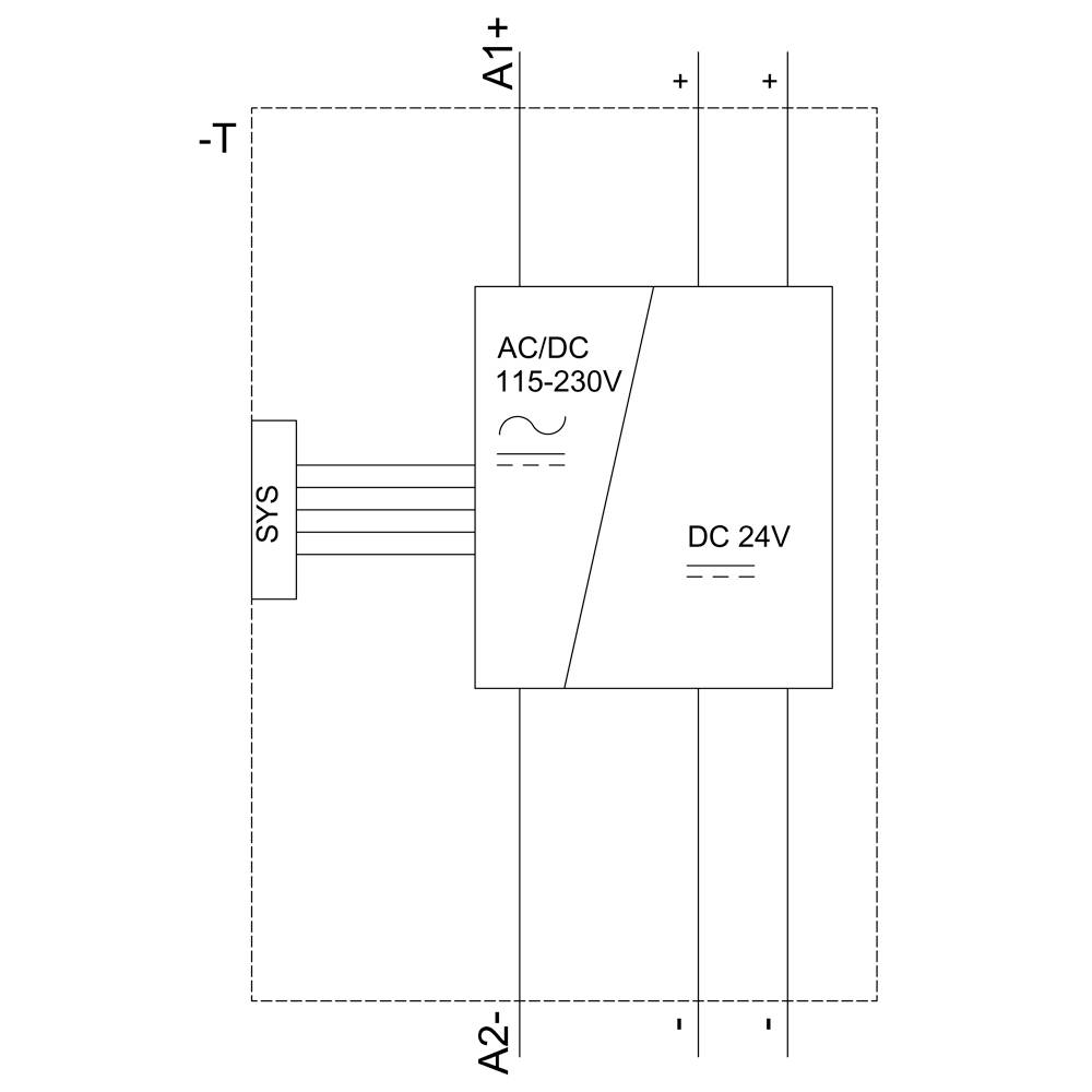Diagram shows a power supply unit for 115-230V AC/DC to 24V DC, marked with 'SYS' and 'S/S'. Lines indicate input and output.