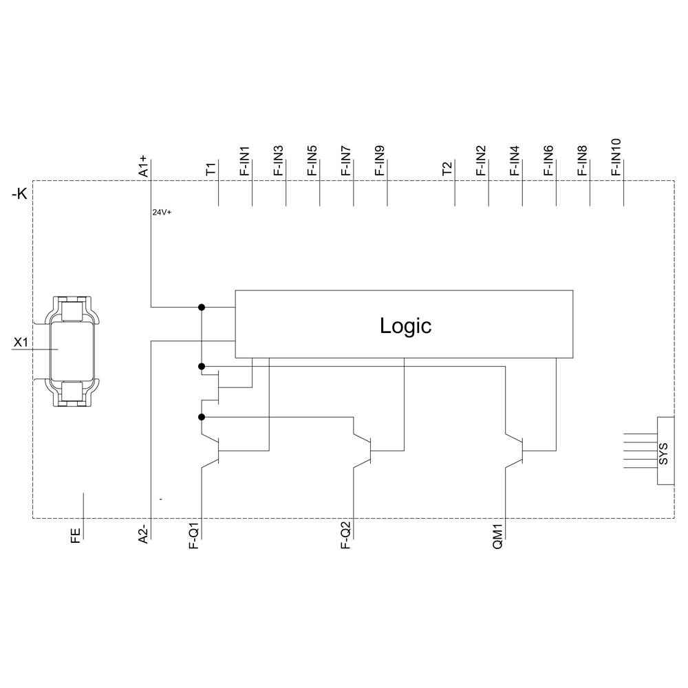 Circuit diagram of an electronic device: shows logic module, power supply, and multiple connections to inputs FIN1 to FIN10.