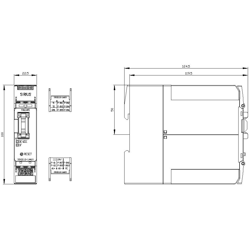 Technical drawing of an electrical device with dimensions: width 22.5 mm, height 124.5 mm, depth 119.5 mm. Markings: SIRIUS.