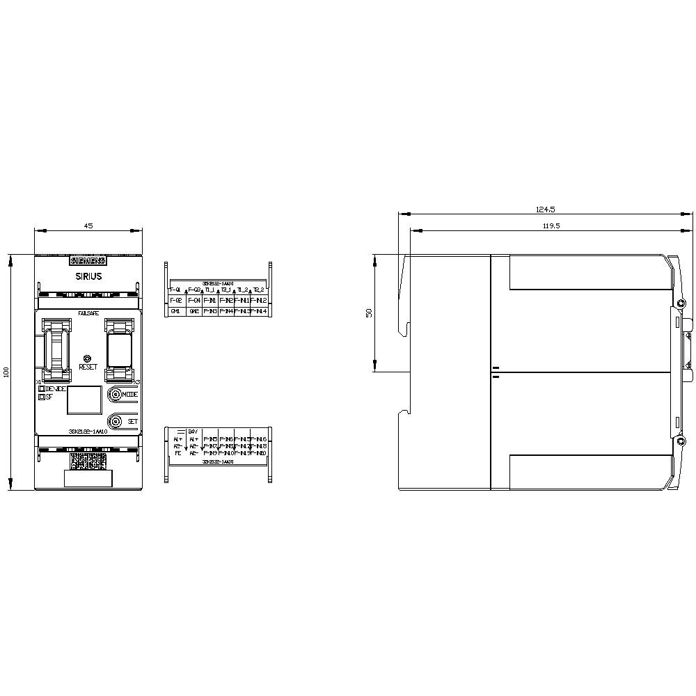 Technical drawing of an electronic component with dimensions. Shows front and side view with measurements in millimetres.