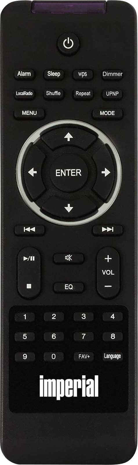 Black remote control with multiple buttons, including 'Enter', navigation arrows and an 'imperial' logo at the bottom edge.