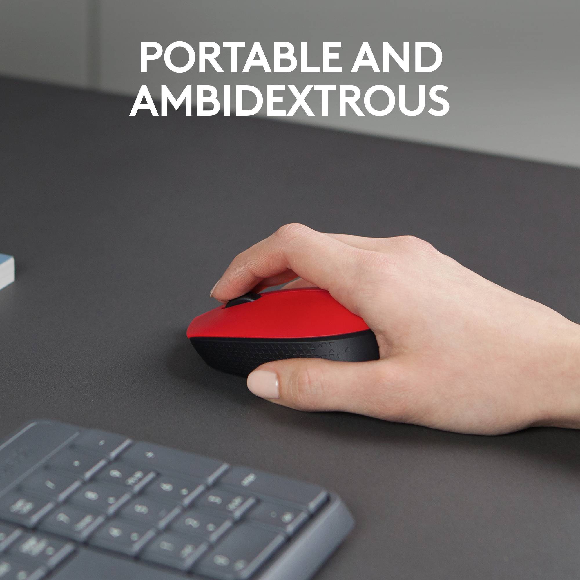 A hand operates a red mouse next to a keyboard. Above it reads: 'Mobile and operable with both hands'.
