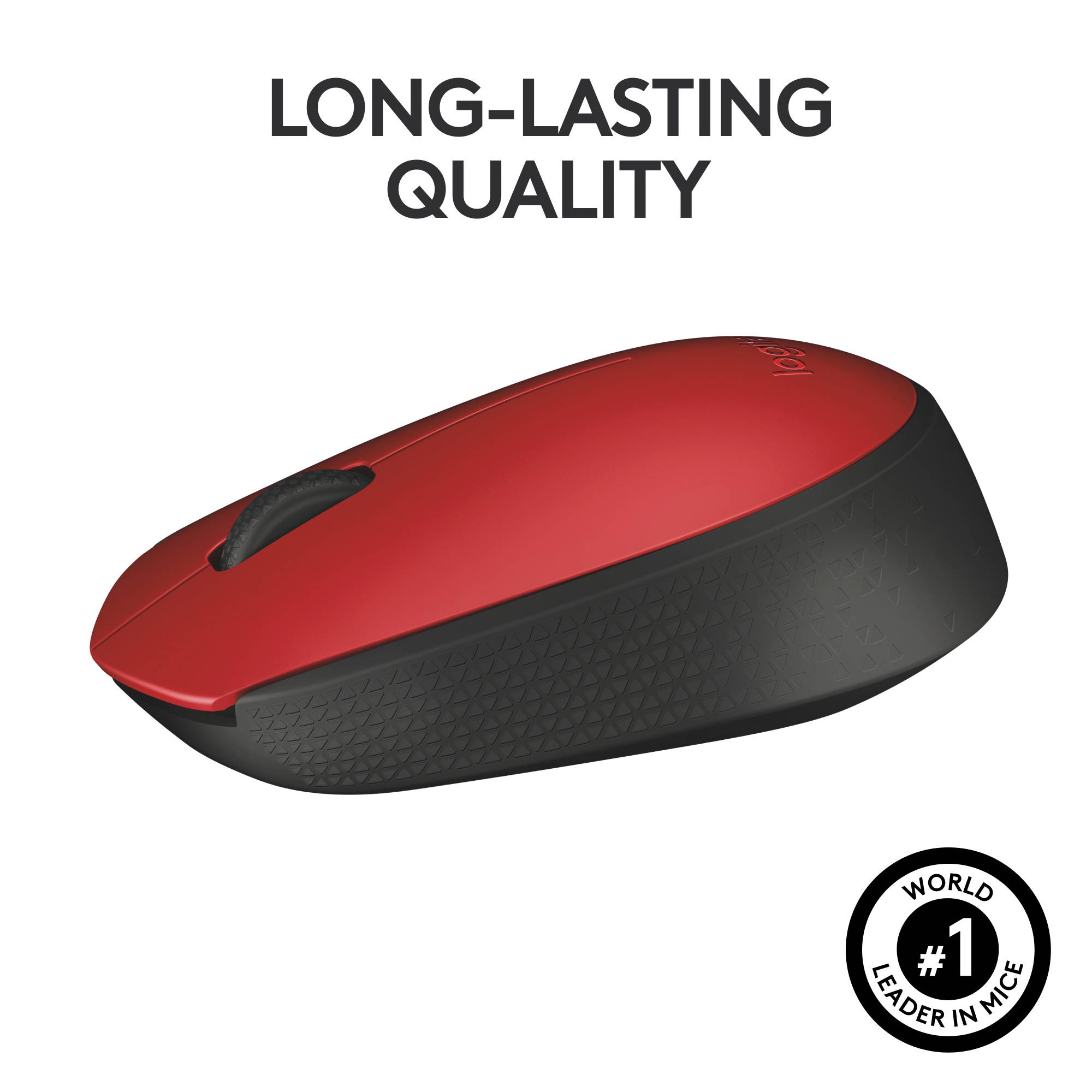 A red computer mouse with the inscription 'Robust Product Quality' and the seal '#1 World Leader in Mice'.
