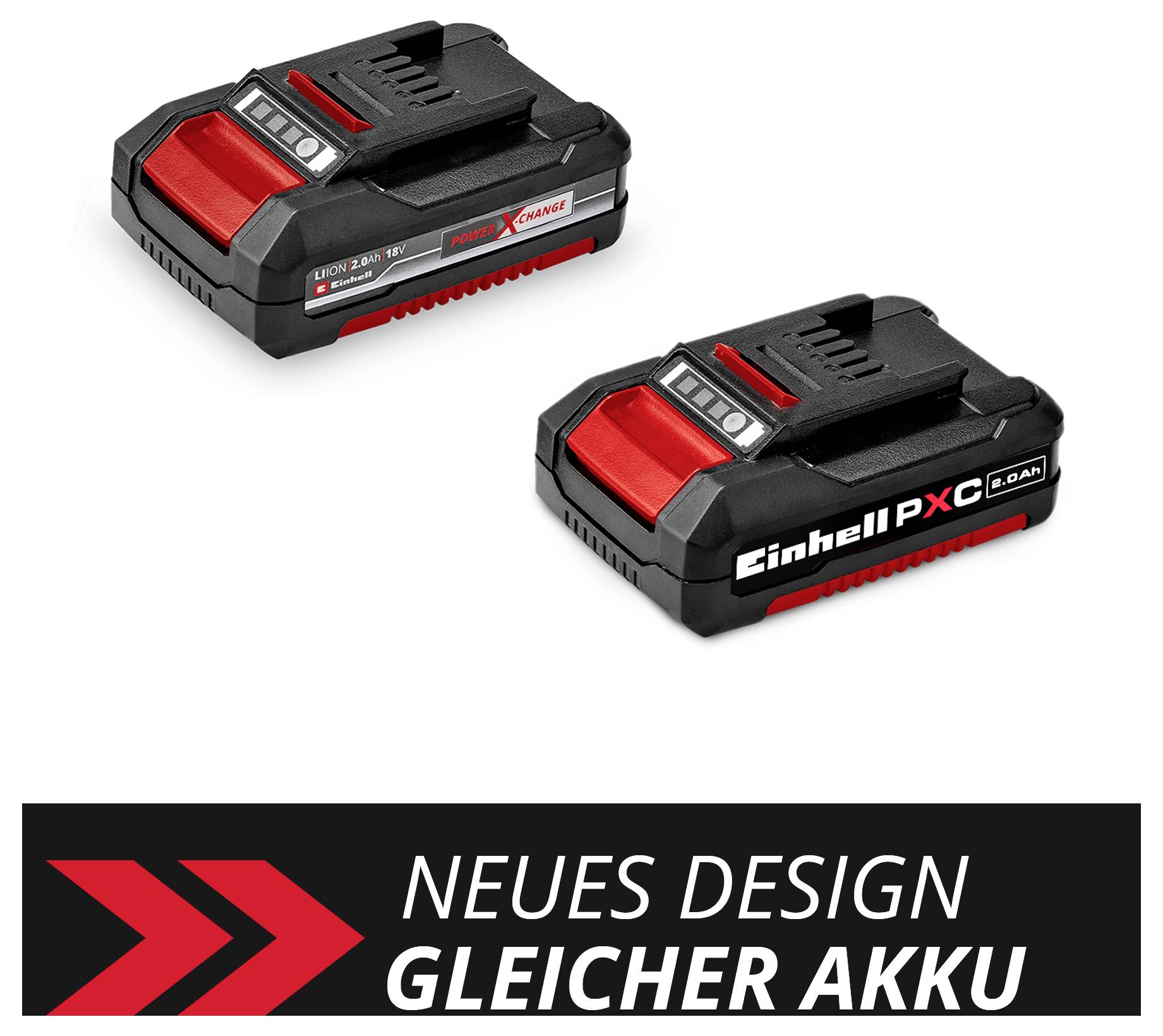 Two black and red Einhell batteries with the inscription 'NEW DESIGN SAME BATTERY' display a new design.