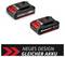 Two black and red Einhell batteries with the inscription 'NEW DESIGN SAME BATTERY' display a new design.