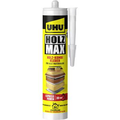 Tube of Luhu Holz Max wood-combi adhesive, labeled for all materials with a 30-minute fast bonding claim and a cartridge nozzle shown beside it.