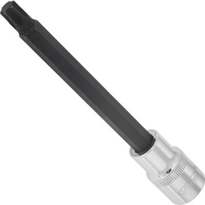 A black Torx bit for a socket wrench, mounted on a silver socket.