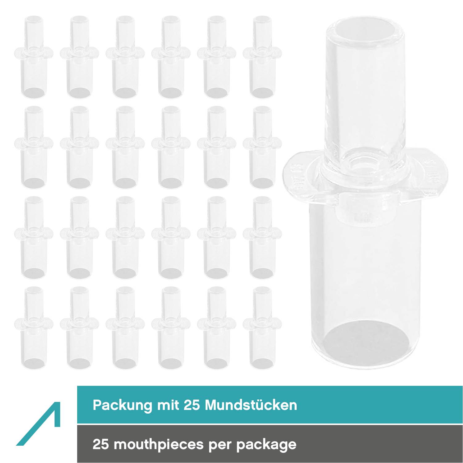 'Pack of 25 mouthpieces'. A large mouthpiece on the right, smaller ones in a 4x4 pattern. Text shows '25 mouthpieces per package'.