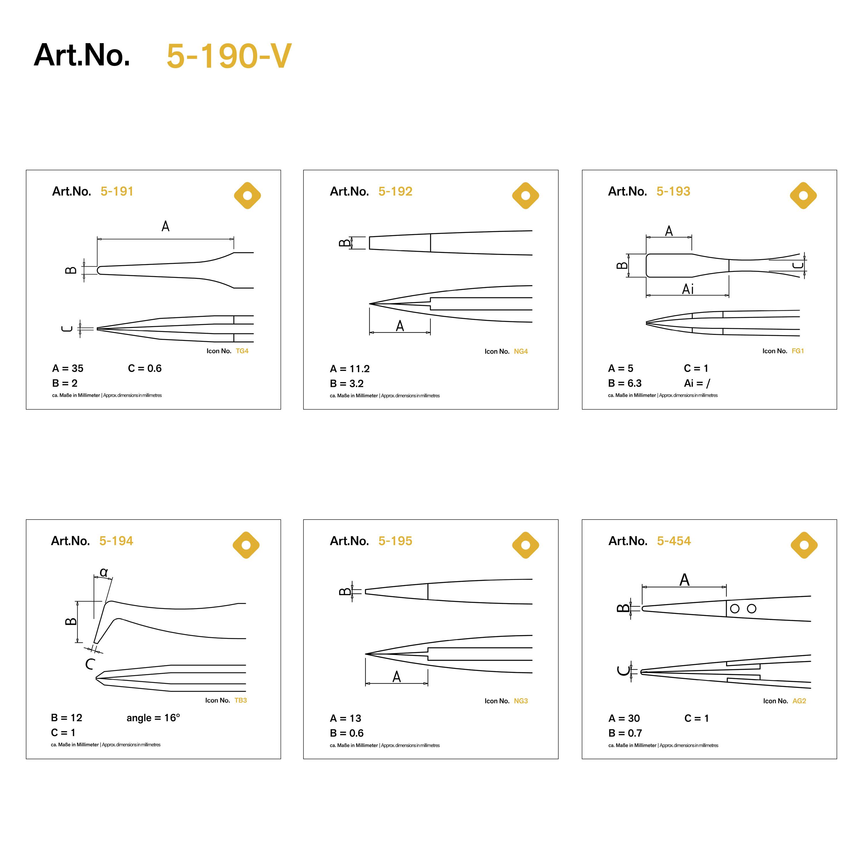 'Art.No. 5-190-V' assembly guide with six line diagrams displaying dimensions and specifications for various mechanical components.
