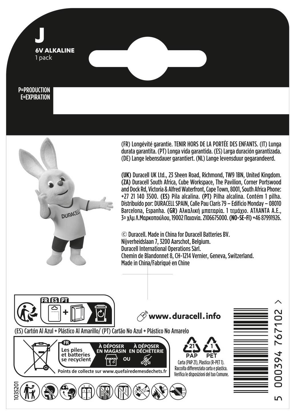 Label for a Duracell battery pack, featuring a cartoon rabbit mascot and safety instructions with contact information for various regions.