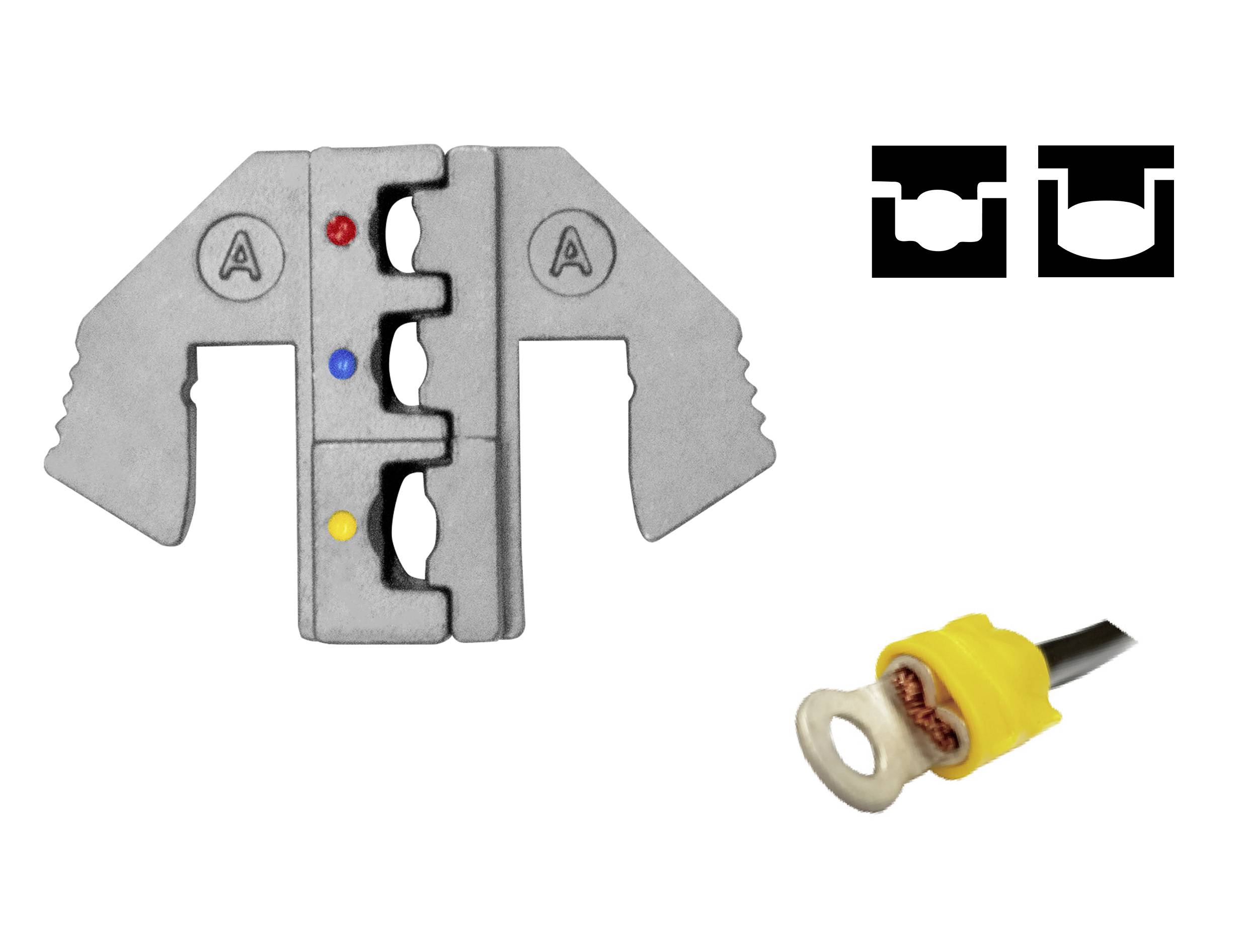 A crimping tool for cable lugs with colour-coded markings. Beside it, a cable lug with cable. Illustrations show cross-sectional views.
