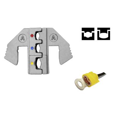 A crimping tool for cable lugs with colour-coded markings. Beside it, a cable lug with cable. Illustrations show cross-sectional views.