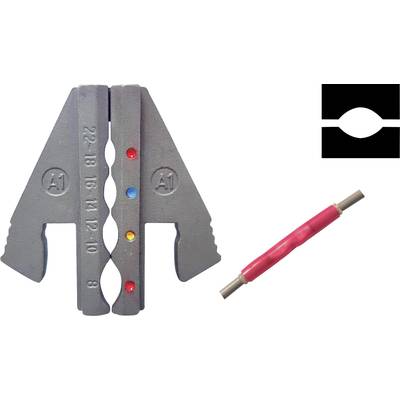 A metal wire stripping tool. It shows several colour-coded notches for cutting wires. Beside it lies a red cable connector.