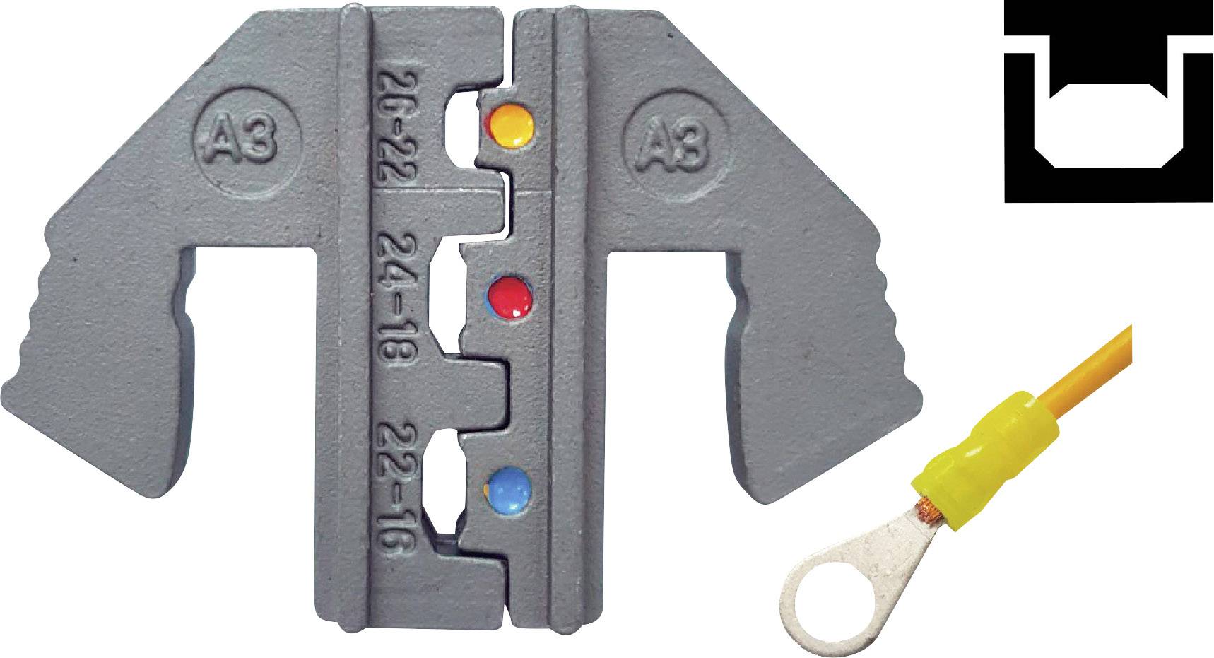 A crimping plier shows three colour-coded holes for different cable sizes. Beside it is an eyelet with a yellow connector.