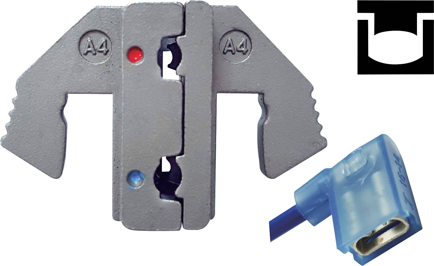 Metal adapter with 'A4' labelling and two coloured dots, blue and red. A blue plastic insert in the bottom right. A black and white logo in the top right.
