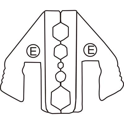 Line drawing of a cable lug tool with hexagonal shapes that can be used for various wire thicknesses.