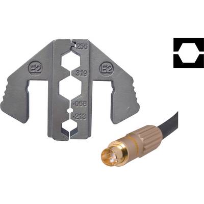 'Crimping Pliers E2 with Cable and Hexagonal Logo. Four Crimping Options: 256, 319, 068, 213. Suitable for Precise Cable Connections.'