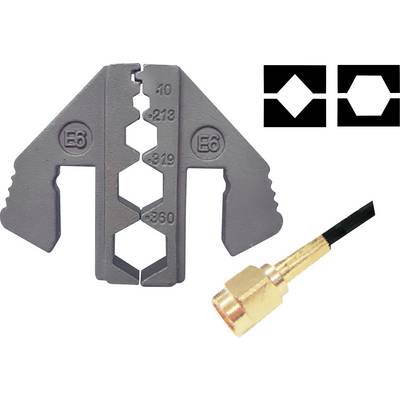 Cable crimping tool with various notches for cutting and stripping wires, alongside a coaxial connector.