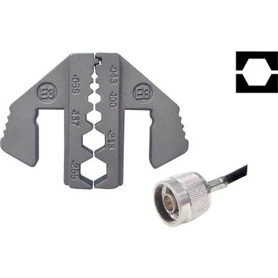 'Crimping tool on a grey background next to a connector. The tool has multiple openings for different cable sizes.'