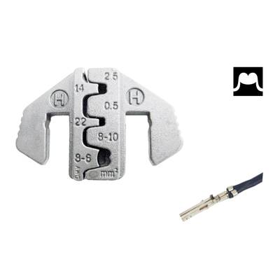 Crimping pliers in two views: front view with numbered recesses for cable sizes, side view showing cable with attached metal connector.
