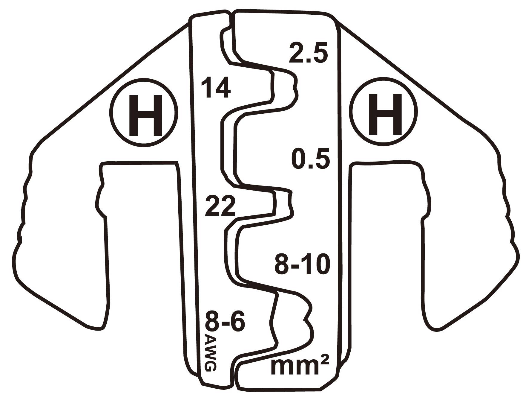 'Illustration of a crimping tool with labels: 2.5 mm², 0.5 mm², 8-10 mm², 14, 22, 8-6 AWG. Two H-symbols on the left and right.'