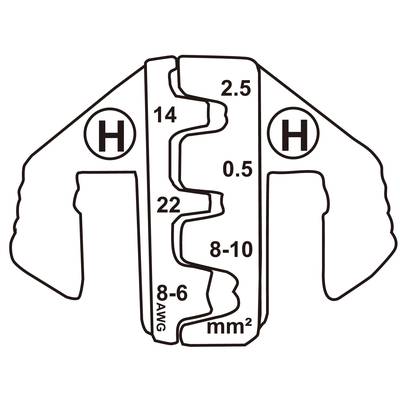 'Illustration of a crimping tool with labels: 2.5 mm², 0.5 mm², 8-10 mm², 14, 22, 8-6 AWG. Two H-symbols on the left and right.'