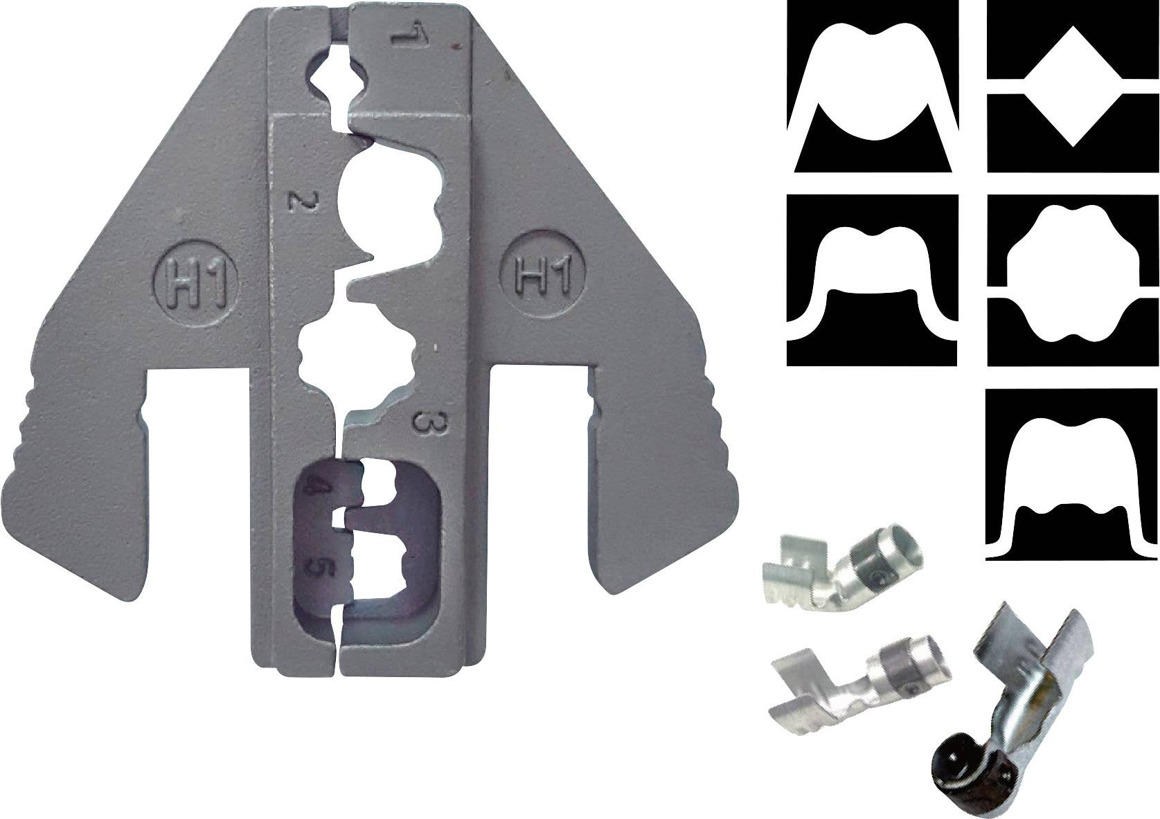 Grey metal tool with numbered cutouts. Six black shapes in the top right show various cutting profiles. Bottom left shows detailed views of two metal inserts.