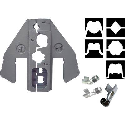 Grey metal tool with numbered cutouts. Six black shapes in the top right show various cutting profiles. Bottom left shows detailed views of two metal inserts.