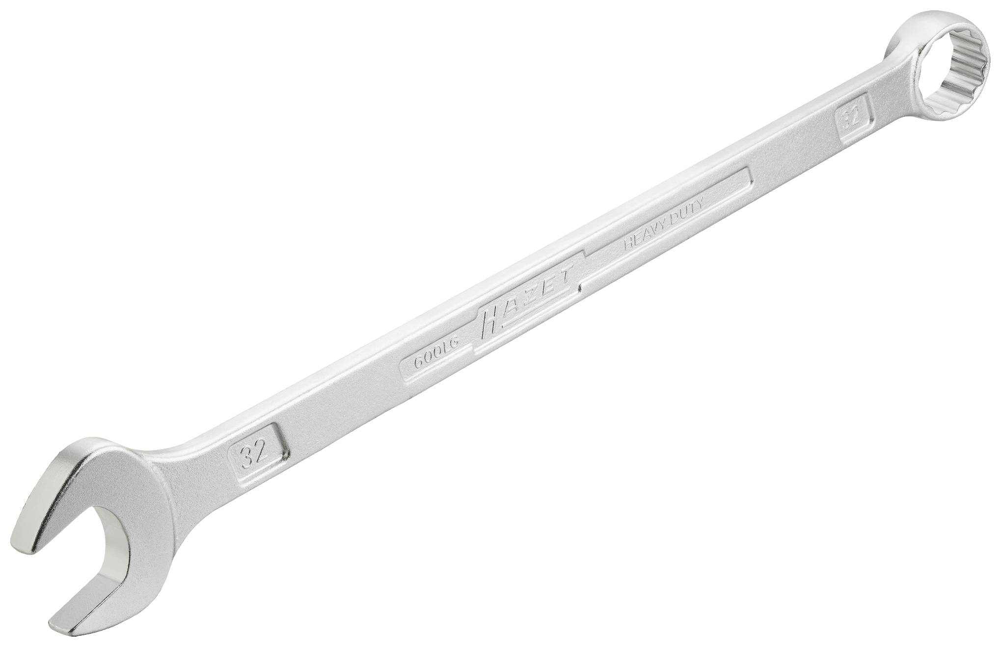 A silver spanner with an open and ring-ended design, suitable for tightening or loosening nuts and bolts.