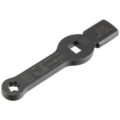 A black Hazet double-ended open-end spanner, model 7817 E20, with a square opening and markings indicating torque and size.