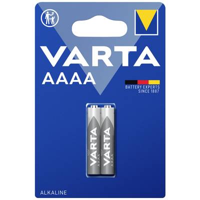 Packaging containing two VARTA AAAA batteries, blue background, 'Alkaline' printed, company logo with yellow triangle and human symbol.