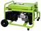 A green portable generator with wheels, showing the engine and fuel tank, designed for outdoor or emergency power supply use.