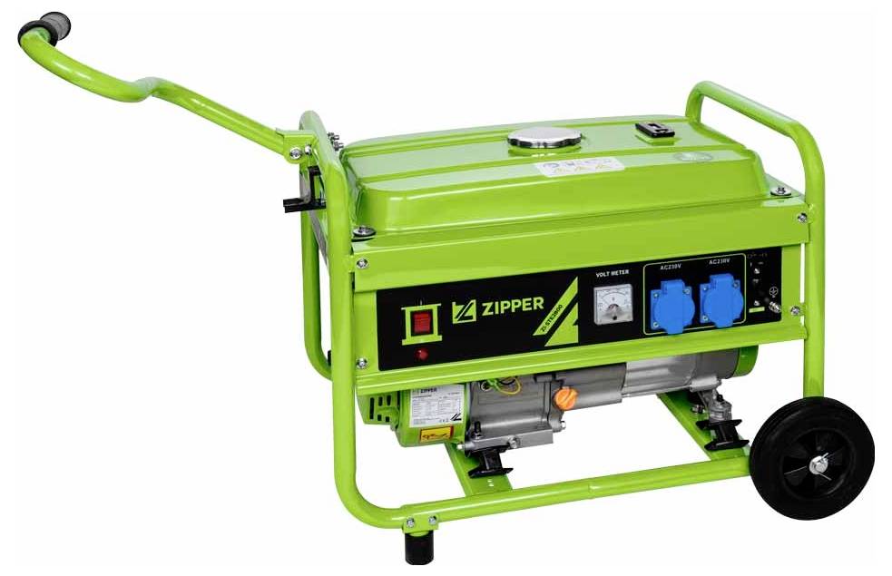 A green portable generator with wheels and a handle, labeled 'ZIPPER', featuring two power outlets and a power switch on its front panel.