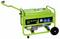 A green portable generator with wheels and a handle, labeled 'ZIPPER', featuring two power outlets and a power switch on its front panel.