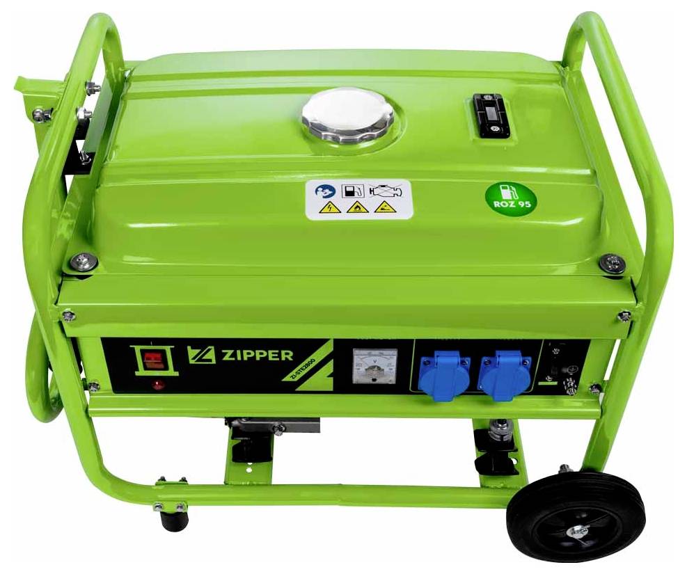 A green portable generator labeled 'Zipper' with wheels and two blue outlets, featuring safety and power indicators on the top surface.