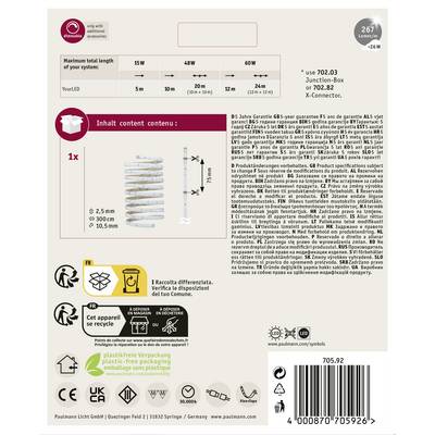 'Pavlans LED Strip Set 702.03: Includes 5 m LED strip, 12 V, 60 W. Suitable for indoor use. Includes connection box and instructions.'