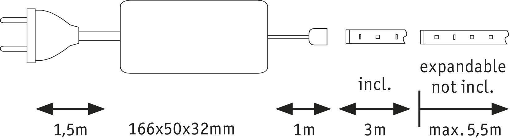 Power supply unit with dimensions of 166x50x32mm. Cable is 1.5m long. Extendable up to a total length of 5.5m, with 3m included.
